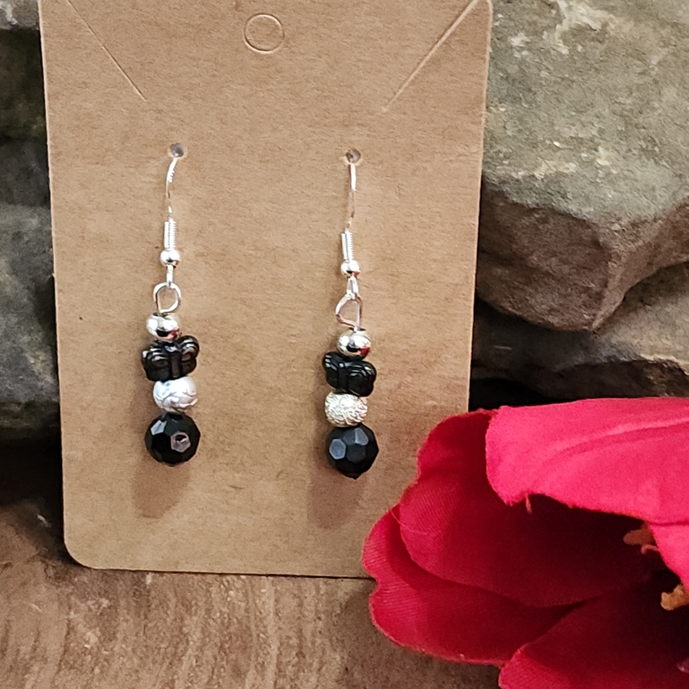 Hand Crafted Black Butterfly and Silver Toned Dangle Drop Earrings